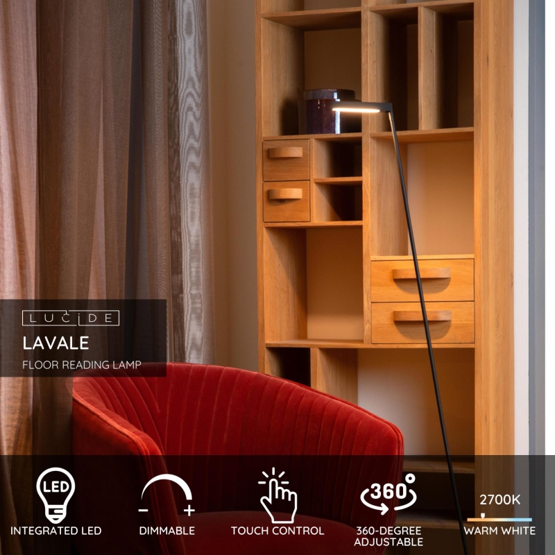 Lucide LAVALE - Stojacia lampa na čítanie - LED Dim.K/2700K - Čierna